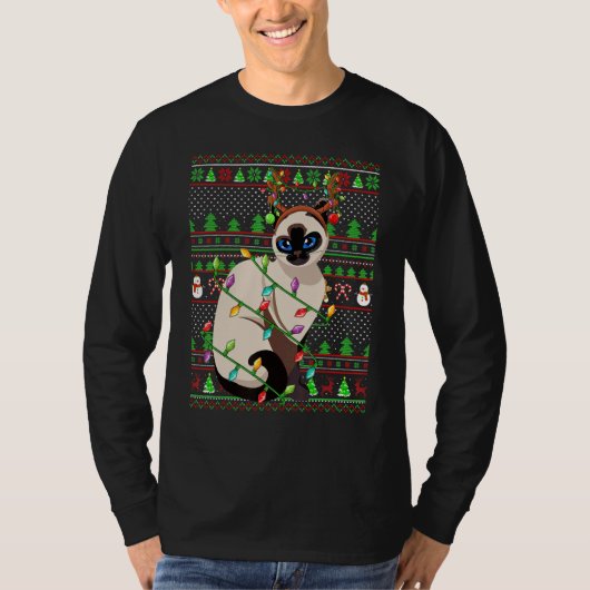 T-shirt Ugly Xmas Sweater Style Lighting Balinese Cat Chri (Devant)