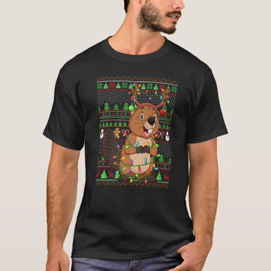 T-shirt Ugly Xmas Sweater Style Lighting Beaver Christmas  (Devant)