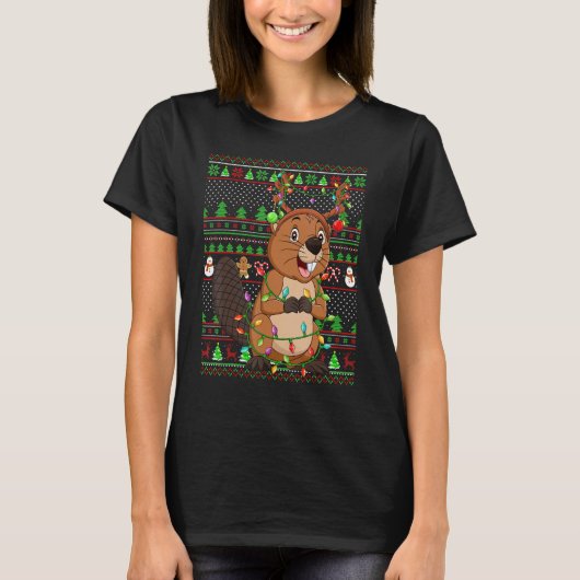 T-shirt Ugly Xmas Sweater Style Lighting Beaver Christmas (Devant)