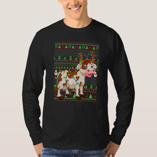 T-shirt Ugly Xmas Sweater Style Lighting Cattle Christmas (Devant)