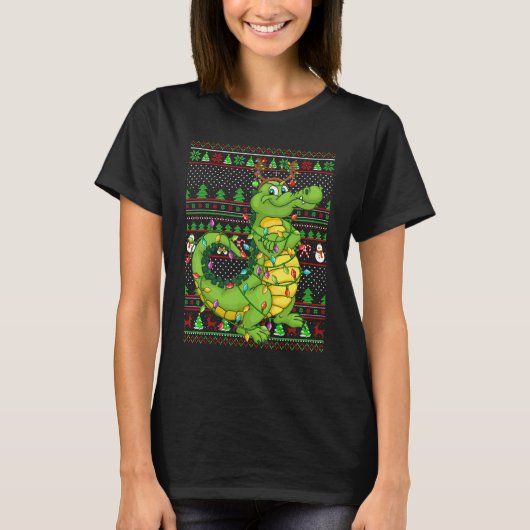 T-shirt Ugly Xmas Sweater Style Lighting Crocodile Christm (Devant)