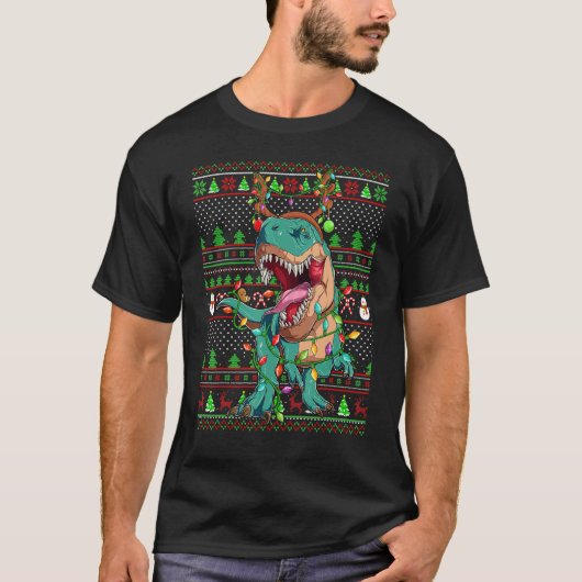 T-shirt Ugly Xmas Sweater Style Lighting Dinosaur Christma (Devant)