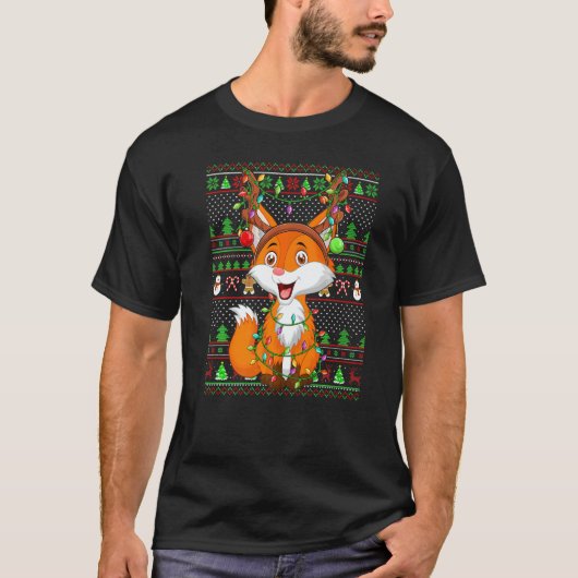 T-shirt Ugly Xmas Sweater Style Lighting Fox Christmas (Devant)