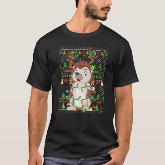 T-shirt Ugly Xmas Sweater Style Lighting Hedgehog Christma (Devant)