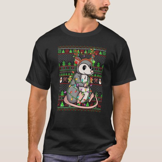 T-shirt Ugly Xmas Sweater Style Lighting Opossum Christmas (Devant)