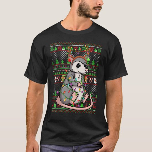 T-shirt Ugly Xmas Sweater Style Lighting Opossum Christmas (Devant)