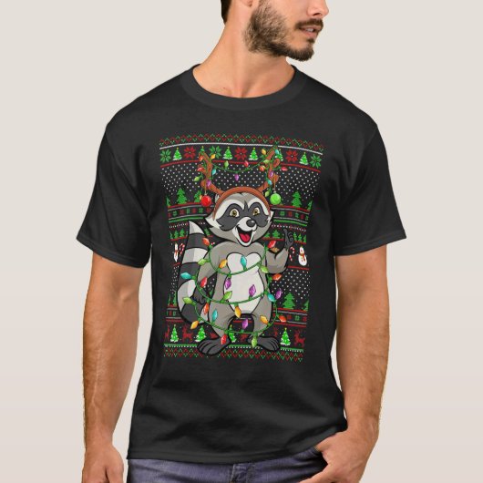 T-shirt Ugly Xmas Sweater Style Lighting Raccoon Christmas (Devant)