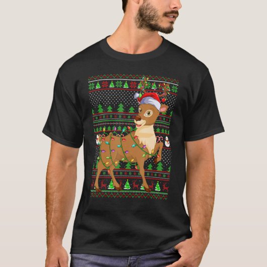 T-shirt Ugly Xmas Sweater Style Lighting Reindeer Christma (Devant)