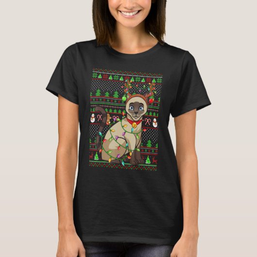 T-shirt Ugly Xmas Sweater Style Lighting Siamese Cat Chris (Devant)