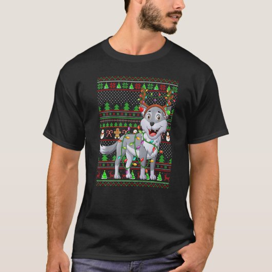 T-shirt Ugly Xmas Sweater Style Lighting Wolf Christmas   (Devant)