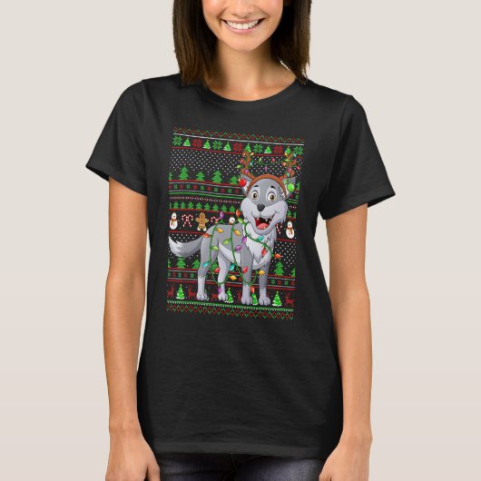 T-shirt Ugly Xmas Sweater Style Lighting Wolf Christmas (Devant)