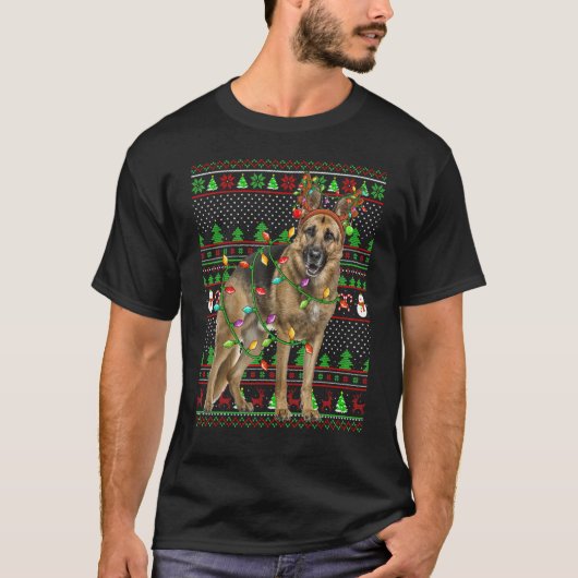 T-shirt Ugly Xmas Sweater Style Lights German Shepherd Dog (Devant)