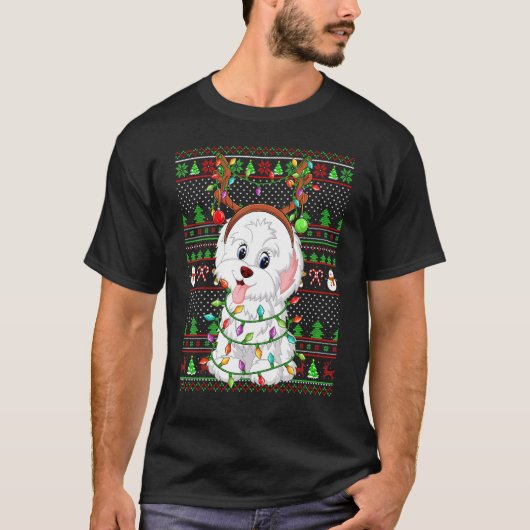 T-shirt Ugly Xmas Sweater Style Lights Havanese Dog Christ (Devant)