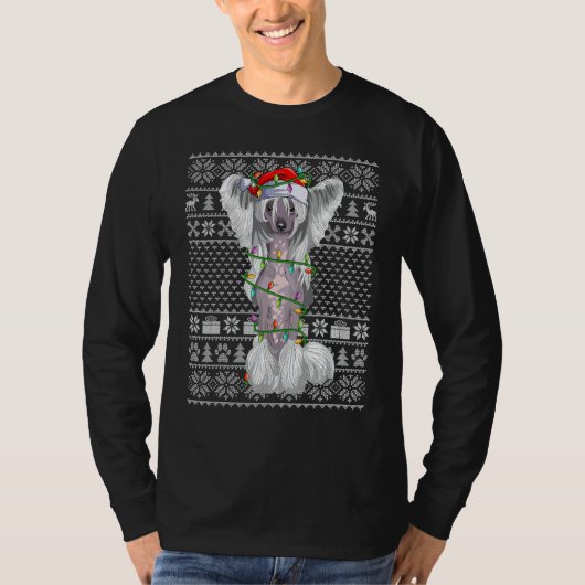 T-shirt Ugly Xmas Sweater Style Santa Chinese Crested Dog  (Devant)
