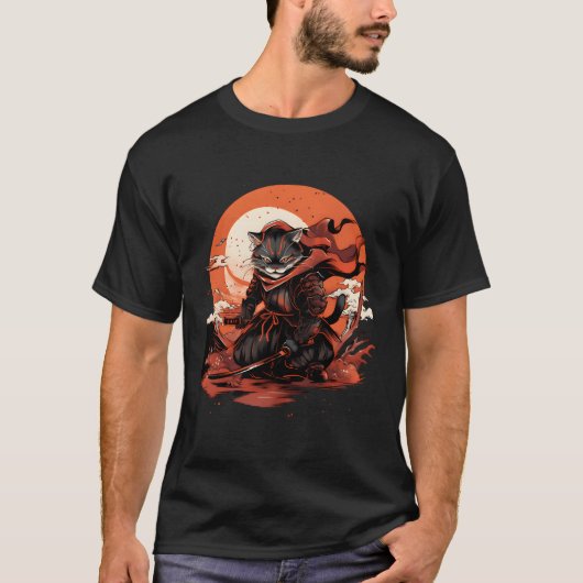 T-shirt Ukiyo-E Chat japonais Style Anime Ninja Chat (Devant)