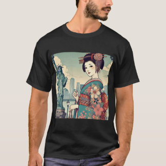 T-shirt Ukiyo-e style: Oiran alongside the Statue of Liber