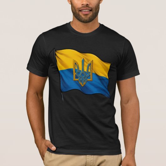 T-shirt Ukrainian flag waving in the wind with Trident (Devant)