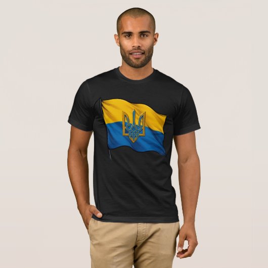 T-shirt Ukrainian flag waving in the wind with Trident (Devant entier)