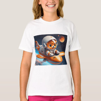 T-shirt Un astronaute mignon vole avec avion orange et gri