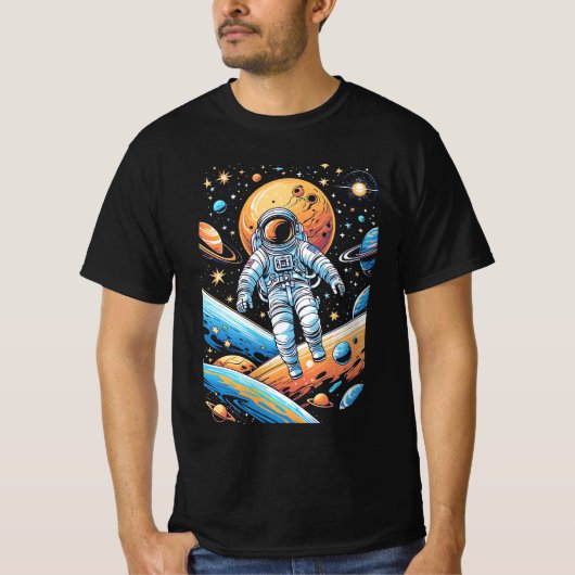 T-shirt Un astronaute perdu dans l'espace entouré de planè (Devant)