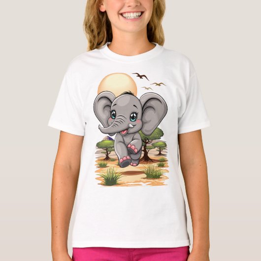 T-shirt Un bébé éléphant qui sonne heureux dans la savane  (Devant)