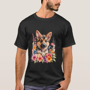 T-shirt Un berger allemand décoré de belles fleurs