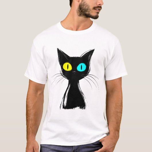 T-shirt Un chat noir éffrayant avec bleu gauche et jaune d (Devant)