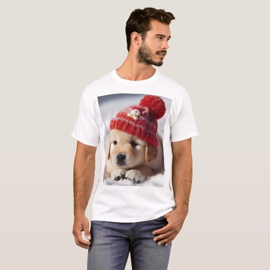 T-shirt un chiot portant un casquette rouge avec un bonhom (Devant entier)