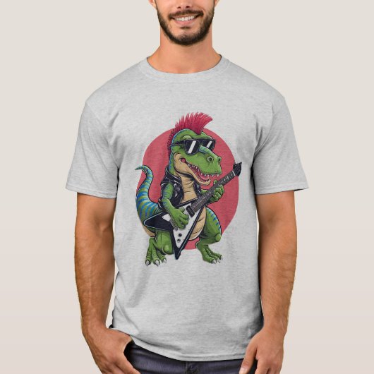 T-shirt un dinosaure de dessin animé jouant d'une guitare  (Devant)