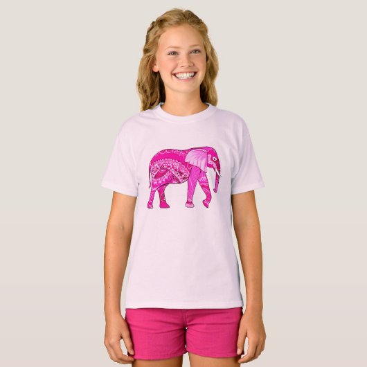T-shirt Un éléphant indien dans un style arabesque rose Fu (Devant entier)