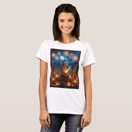T-shirt un feu d'artifice avec une statue de divinité (Devant entier)