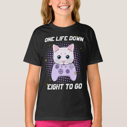 T-shirt Un gamer de la vie en bas blanc violet chat de des (Devant)