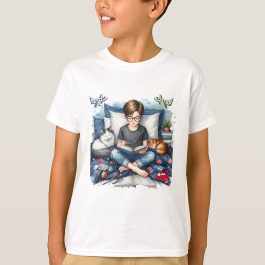 T-shirt Un garçon lit avec des chats dans sa chambre (Devant)