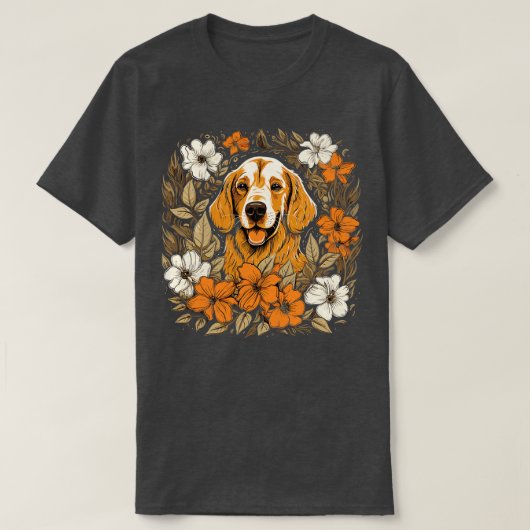 T-shirt Un Golden Retriever entouré de Lilies illustrées (Design devant)
