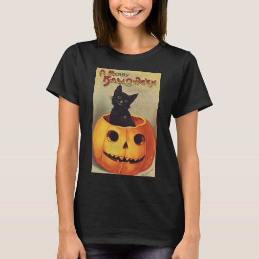 T-shirt Un joyeux Halloween par Ellen Clapsaddle, Chat Vin (Devant)
