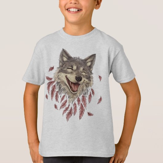 T-shirt Un loup souriant joyeux en plumes (Devant)