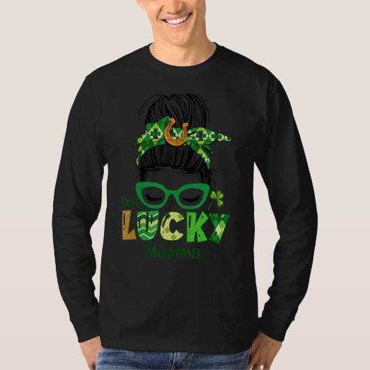 T-shirt Un Lucky Momma Messy Bun Leopard St Patrick's Day (Devant)