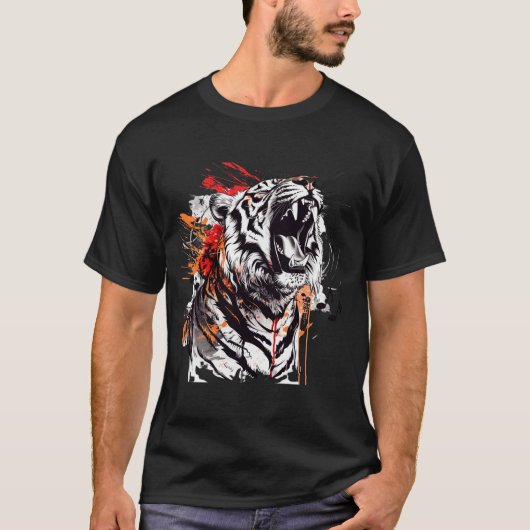 T-shirt Un tigre féroce rugissant avec des notes musicales (Devant)