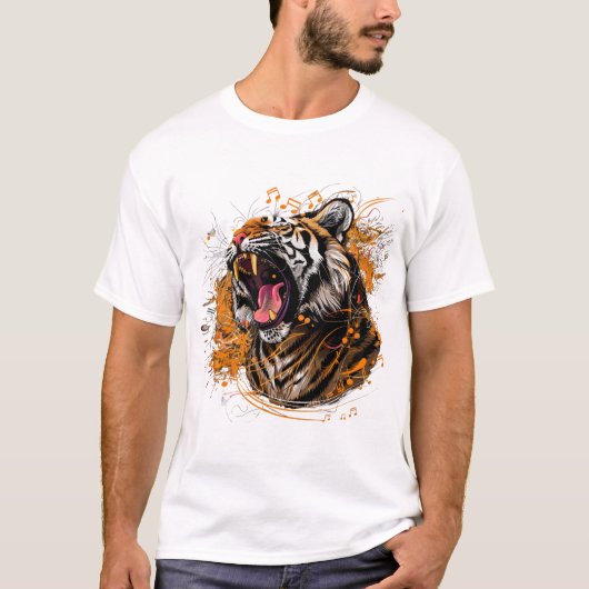 T-shirt Un tigre féroce rugissant avec des notes musicales (Devant)