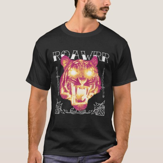 T-shirt Un tigre rugissant en rose et orange (Devant)