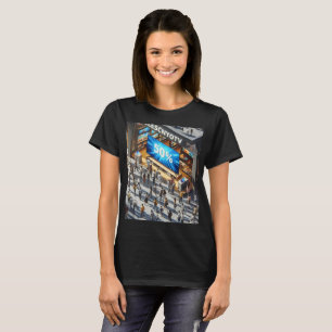 T-shirt une devanture de magasin avec un grand panneau qui