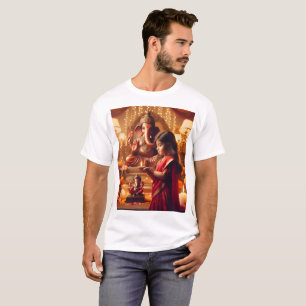 T-shirt une fille dans un sari se tient devant une statue