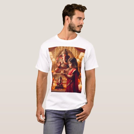T-shirt une fille dans un sari se tient devant une statue (Devant entier)
