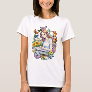T-shirt Une fille, Journal, papillons et fleurs
