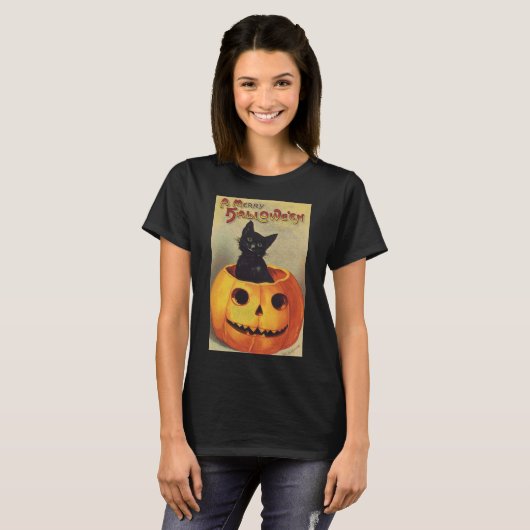 T-shirt Une joyeuse Halloween par Ellen Clapsaddle, Chat V (Devant entier)