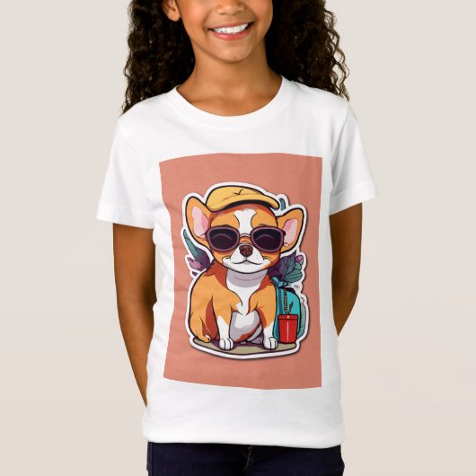 T-Shirt Une petite fille avec une image charmant de chiot (Devant)
