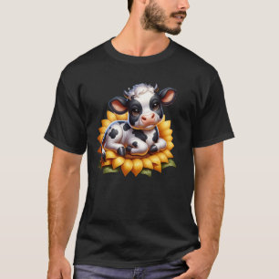 T-shirt Une petite vache noire et blanche tachetée allongé