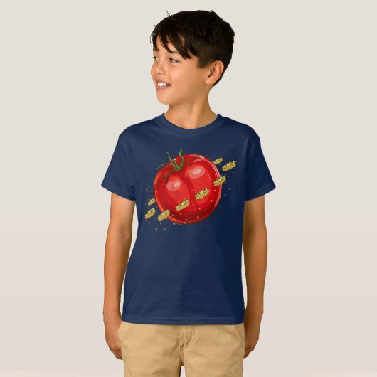 T-shirt Une planète tomate avec des pizzas qui l'entourent (Devant entier)