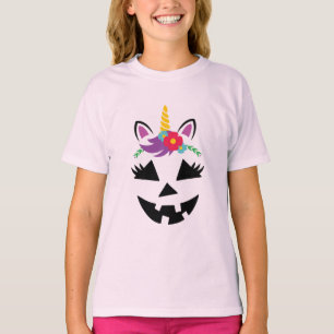 T-shirt Unicorn Girl Jack-o'-lantern Citrouille Face Hallo