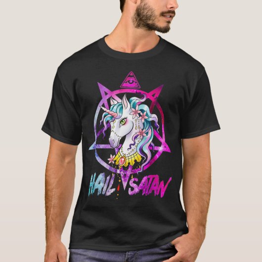 T-shirt Unicorn Hail Satan Death Metal Rainbow Rave Men (Devant)